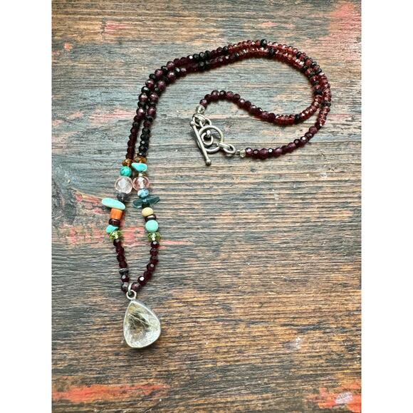 Golden Rutile Quartz Pendant Garnet Turquoise Coral Black Spinel Beaded Neckace - Picture 7 of 8
